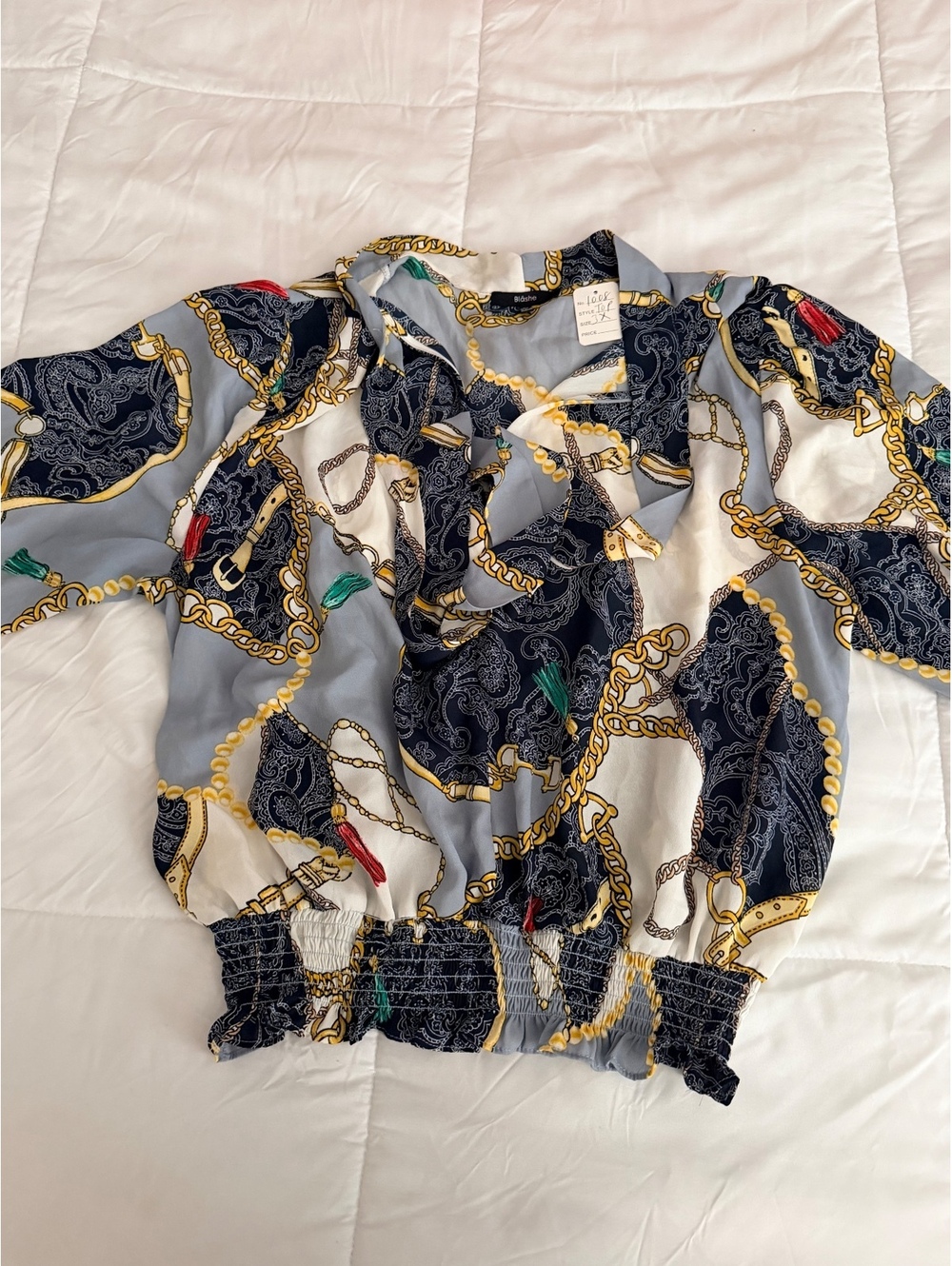Blāshe Women's 3X Chain Print Blouse with Ruffle Neck
